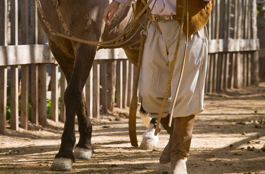 Homem segurando um cavalo usando uma bombacha bege a tradicional calça gaúcha
