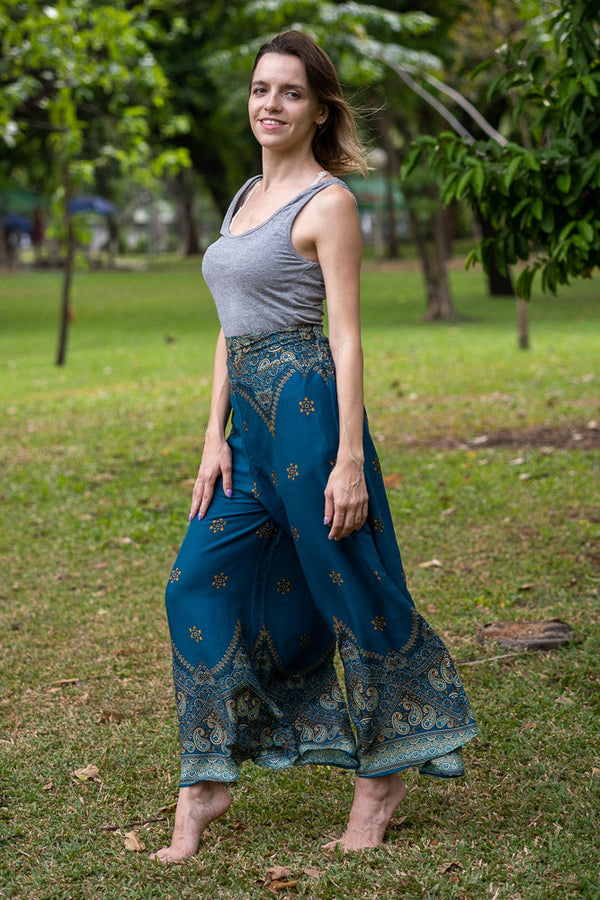 Calça pantalona turquesa cintura alta em rayon | CalcaThai.com – Calça Thai