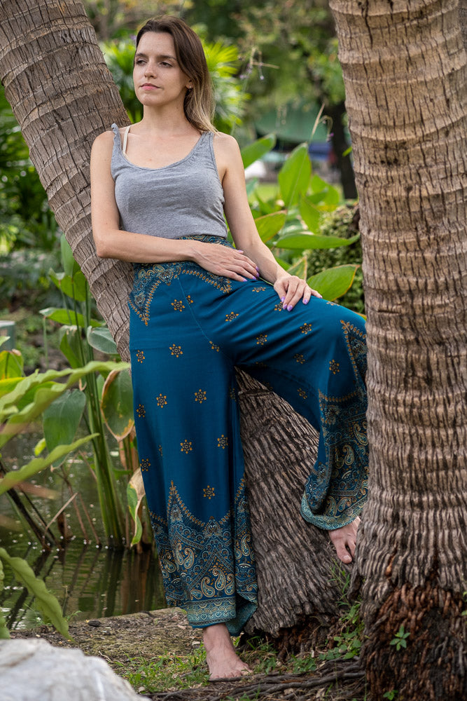 Calça pantalona turquesa cintura alta em rayon | CalcaThai.com – Calça Thai